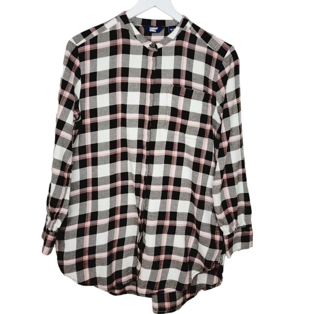 LANDS' END Shirt Soft Brown Cream Pink Plaid 100% Cotton Flannel - Size M